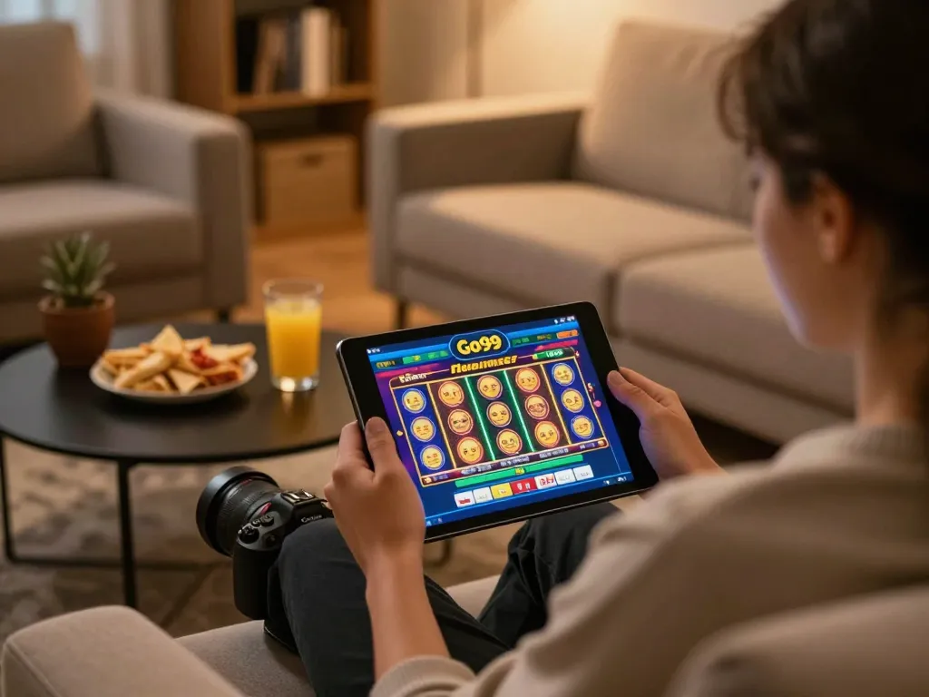 Engaging on Go99 app for online casino games while relaxing on the sofa.