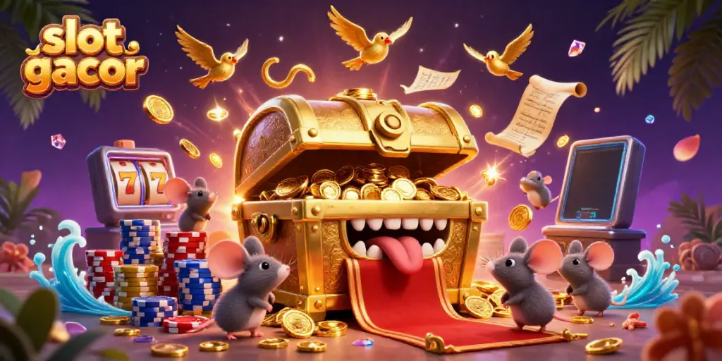 Engaging 3D illustration showcasing slot gacor elements with treasure, lucky icons, and casino excitement.