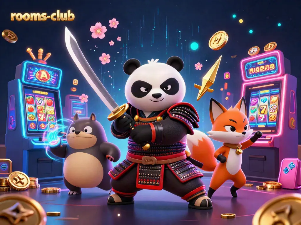 Permainan slot online yang mendebarkan di rooms-club, dengan panda samurai siap bertarung dan simbol buah keberuntungan.