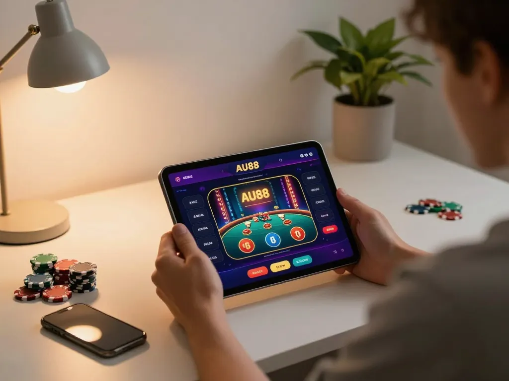 Player engaging with AU88 app for online gambling on tablet, cozy home office setup.