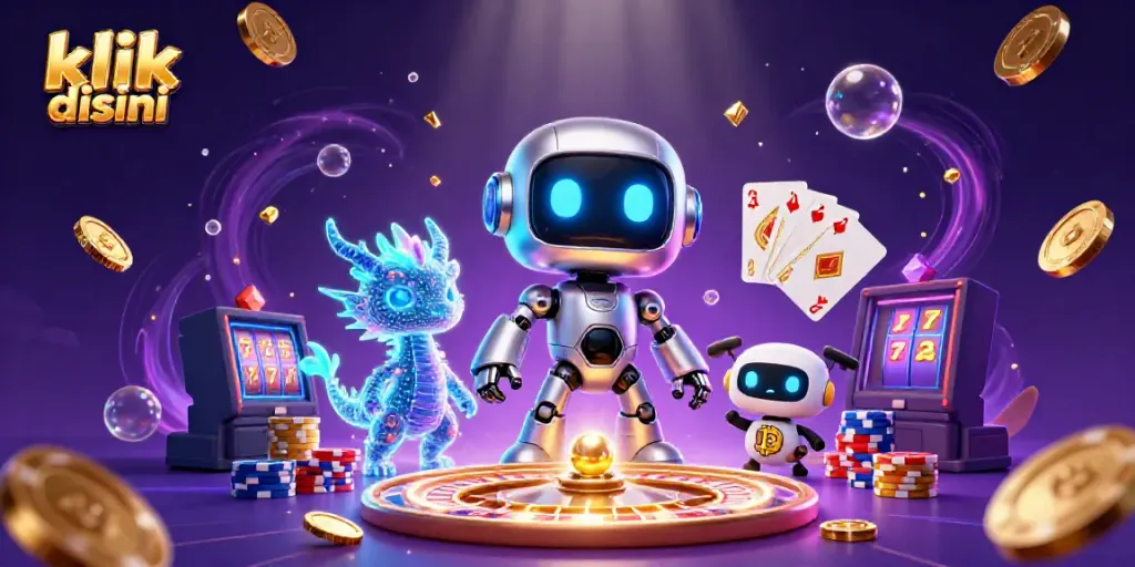 Permainan kasino yang menampilkan klik disini dengan robot kartun cyberpunk dan elemen judi.