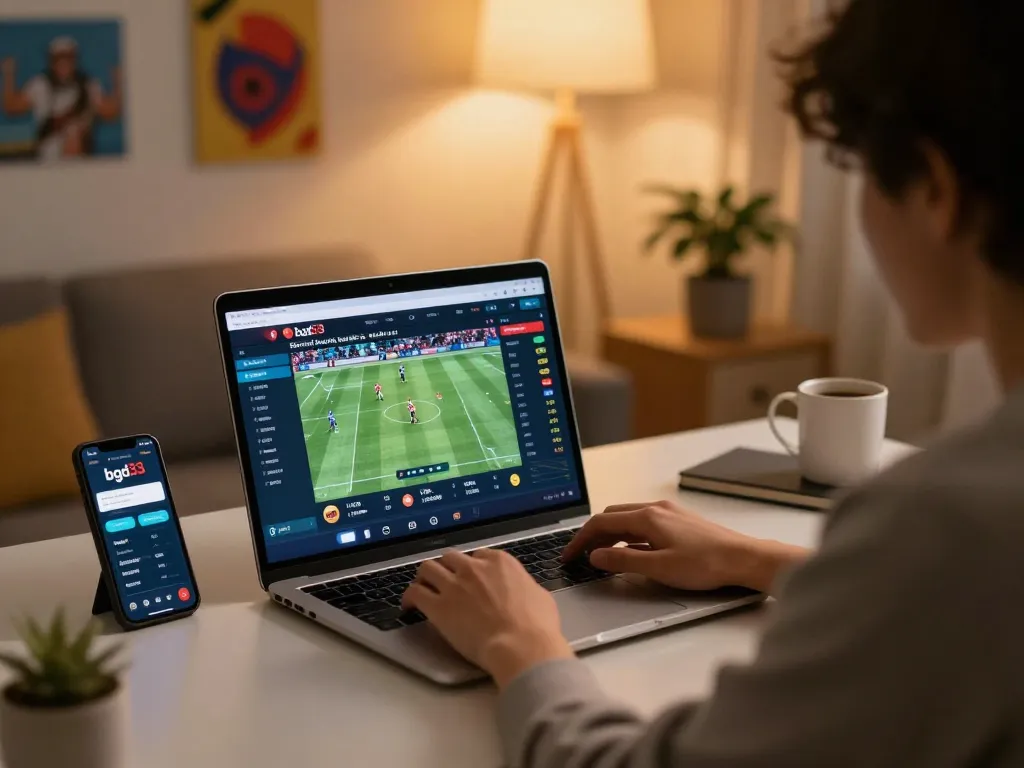 Engaging online gaming moment on bgd33 with live betting on a laptop, featuring sports event odds.