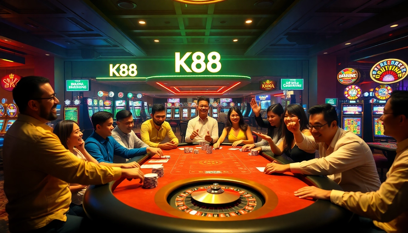 K88 casino experience showcasing players enjoying poker and vibrant slot machines.