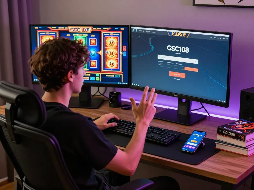 Gsc108 Login screen displayed on a home gaming setup, showcasing exciting slot games in action.