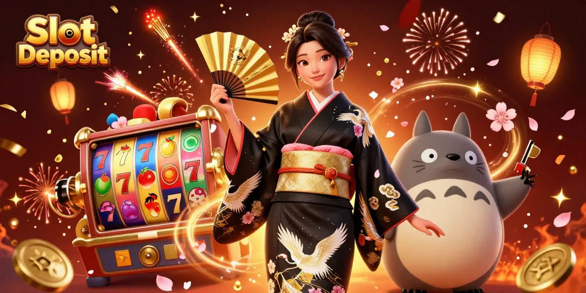 Experience excitement with Slot Deposit featuring vibrant slot reels and festive elements.