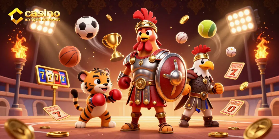 Scène captivante illustrant l'excitation du casino en ligne retrait immédiat avec des personnages dynamiques et des éléments de jeu.