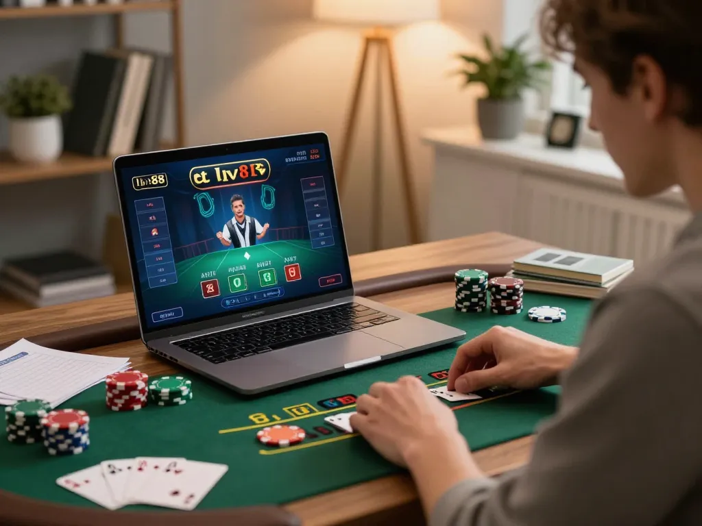 Player strategizing during a live dealer game at LV88 online casino from a cozy home office.