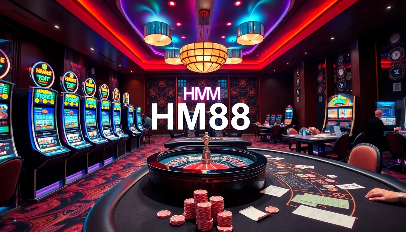 Experience thrilling casino action with HM88's stylish gaming setup featuring vibrant slot machines and poker tables.