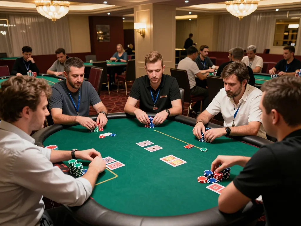 Players competing in a thrilling poker tournament at a casino, highlighting intense gameplay and strategy, featuring the excitement of 789P.