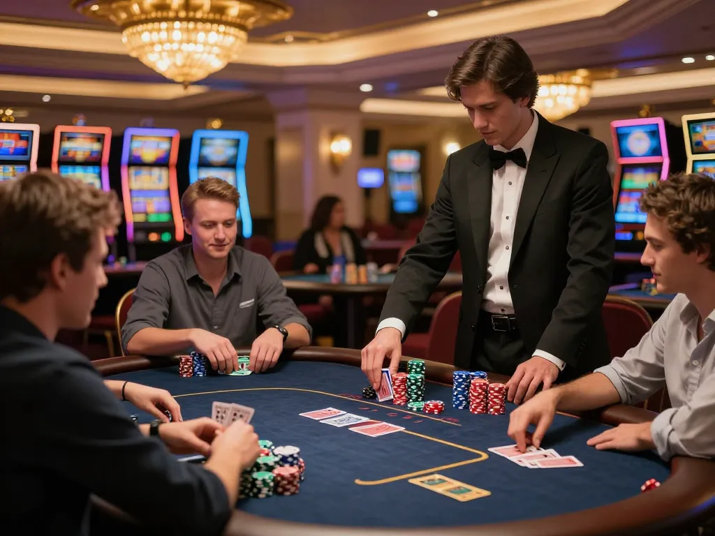 KJC players competing intensely at an elegant poker table, showcasing excitement and strategy in a luxurious casino.