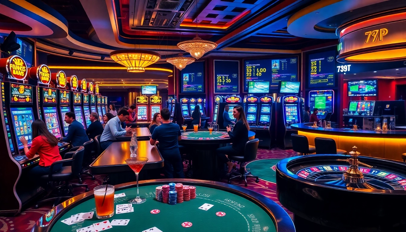 Exciting gambling scene with players enjoying 789P slot machines and poker tables in a luxurious casino.