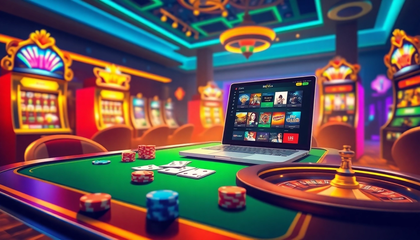 B52 CLUB online gambling scene with vibrant poker table, digital games, and radiant slot machines.