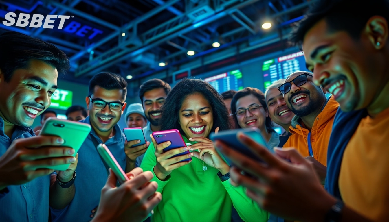 SBOBET mobile betting scene showcasing diverse users engaged in sports betting with real-time odds display.