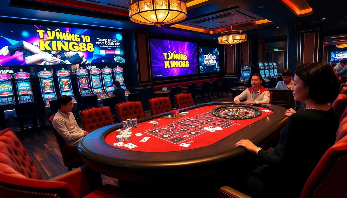Engage in thrilling gameplay at Trang chủ king88 with vibrant casino visuals of poker and roulette.
