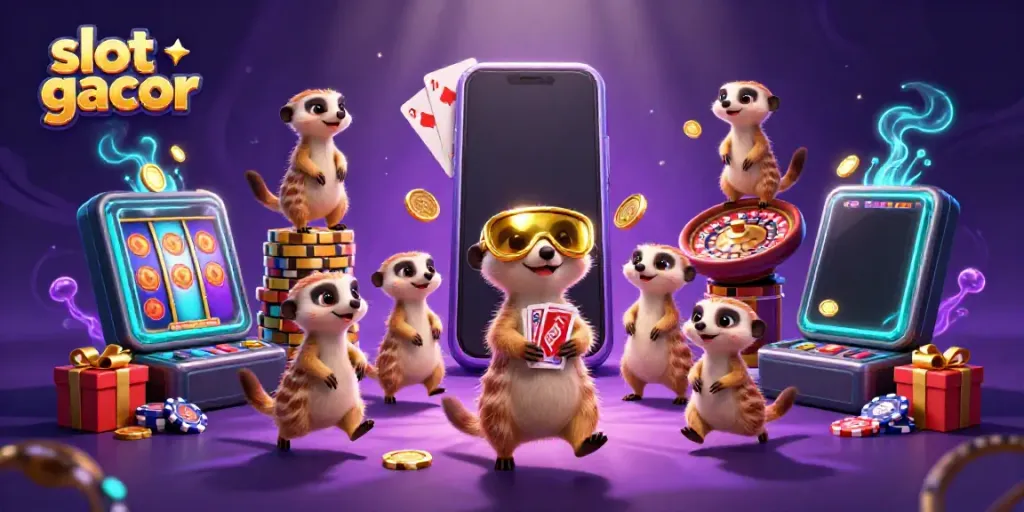 Exciting slot gacor illustration showing meerkats expertly running a casino.