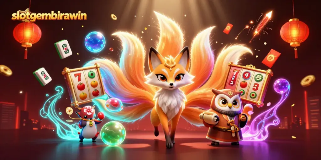 Win big with slotgembirawin in this vibrant casino-themed illustration featuring a nine-tailed fox and colorful slot elements.