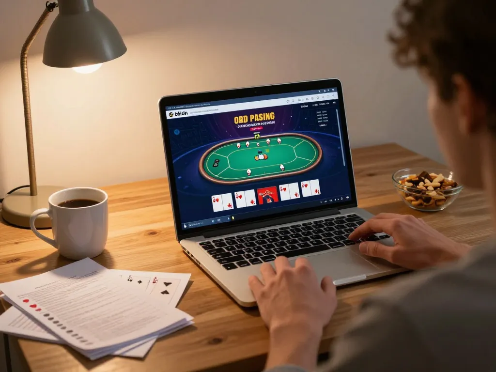 Pemain yang terlibat dalam permainan kasino online 68idn di laptop dengan poker di layar.