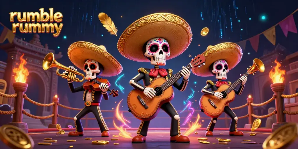 Engage with thrilling Rumble Rummy action through a vibrant mariachi band in a dynamic gambling scene.