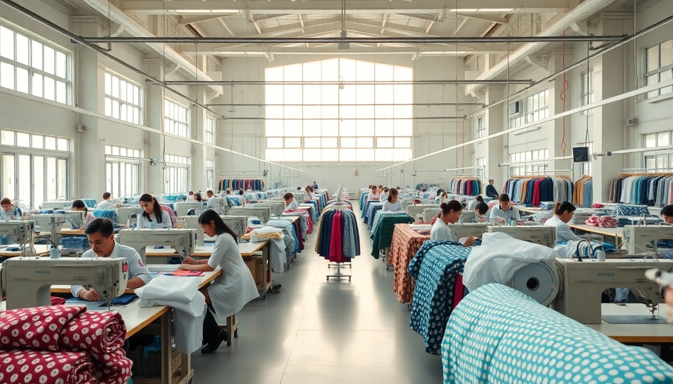 Apparel manufacturers in China showcasing a busy production floor with skilled workers and colorful fabrics.