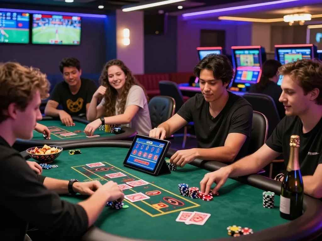 Exciting scene of diverse players at nhà cái 23win engaging in casino games, celebrating wins with poker chips and screens showcasing live sports.