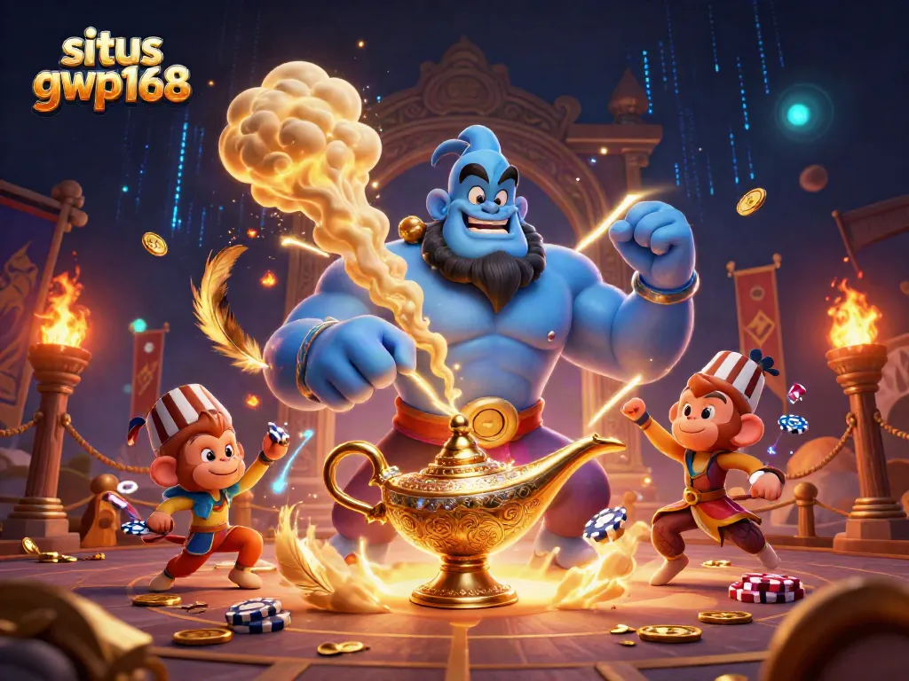 Jelajahi situs gwp168 dengan jin biru dan karakter kasino di lingkungan yang magis.
