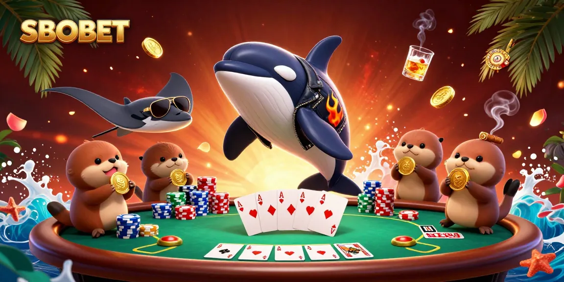 SBOBET shows thrilling underwater characters celebrating victories at a poker table, highlighted with vibrant colors.