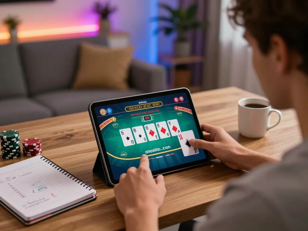 Engaging poker gameplay on almlive platform in a cozy home setting with tablet, notebook, and coffee.
