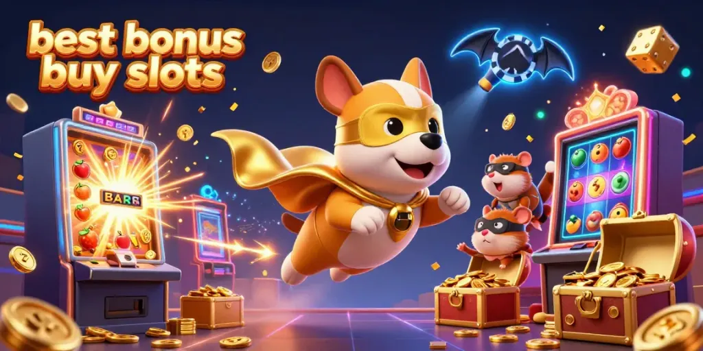 Experience the excitement of the best bonus buy slots with a superhero dog amidst vivid casino elements.