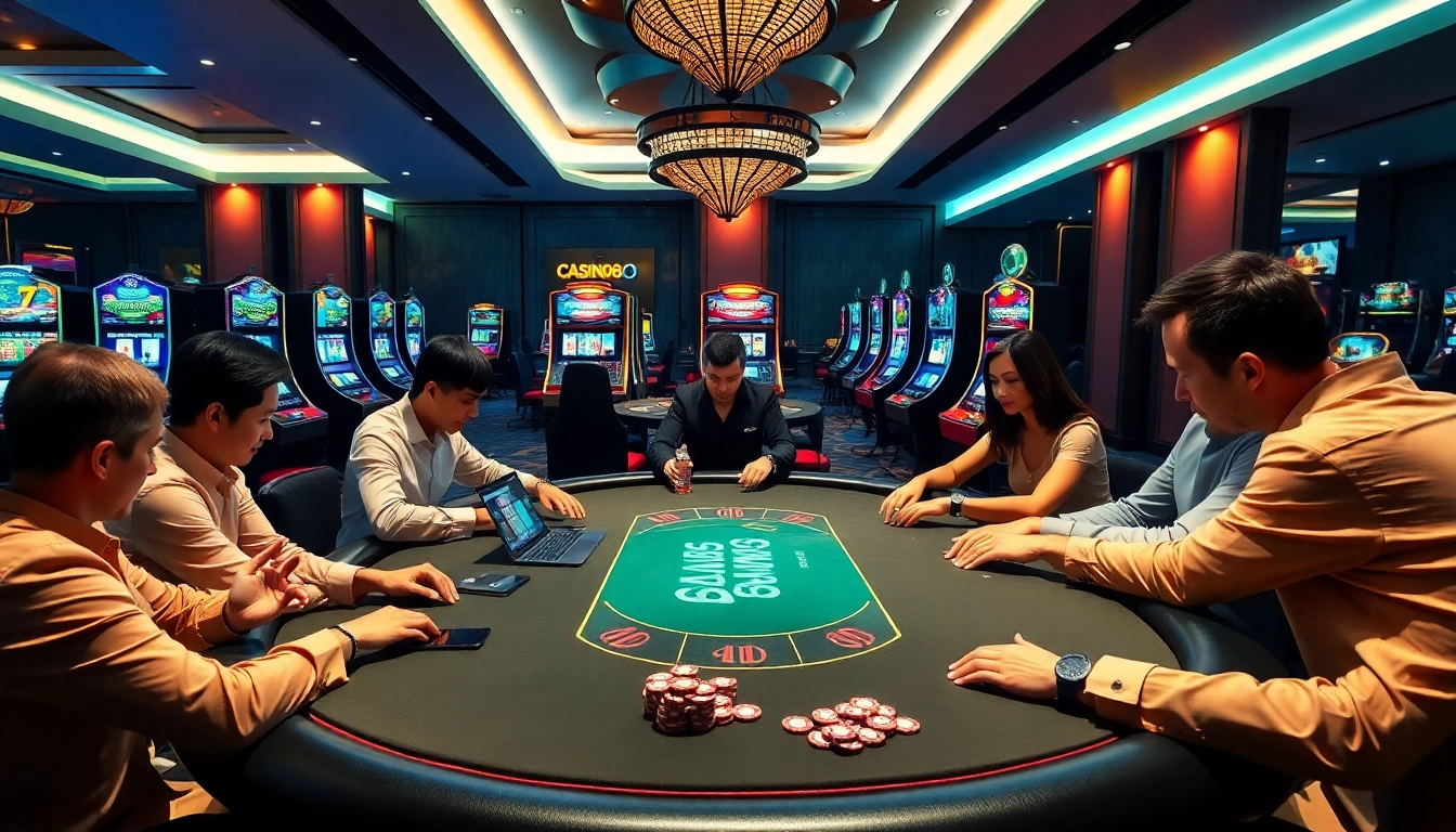 Players enjoying a thrilling game at 33win68 casino, surrounded by vibrant slot machines and gaming tables.