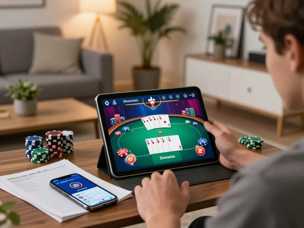 Engaged player using 68win app for online poker in a cozy home setting.