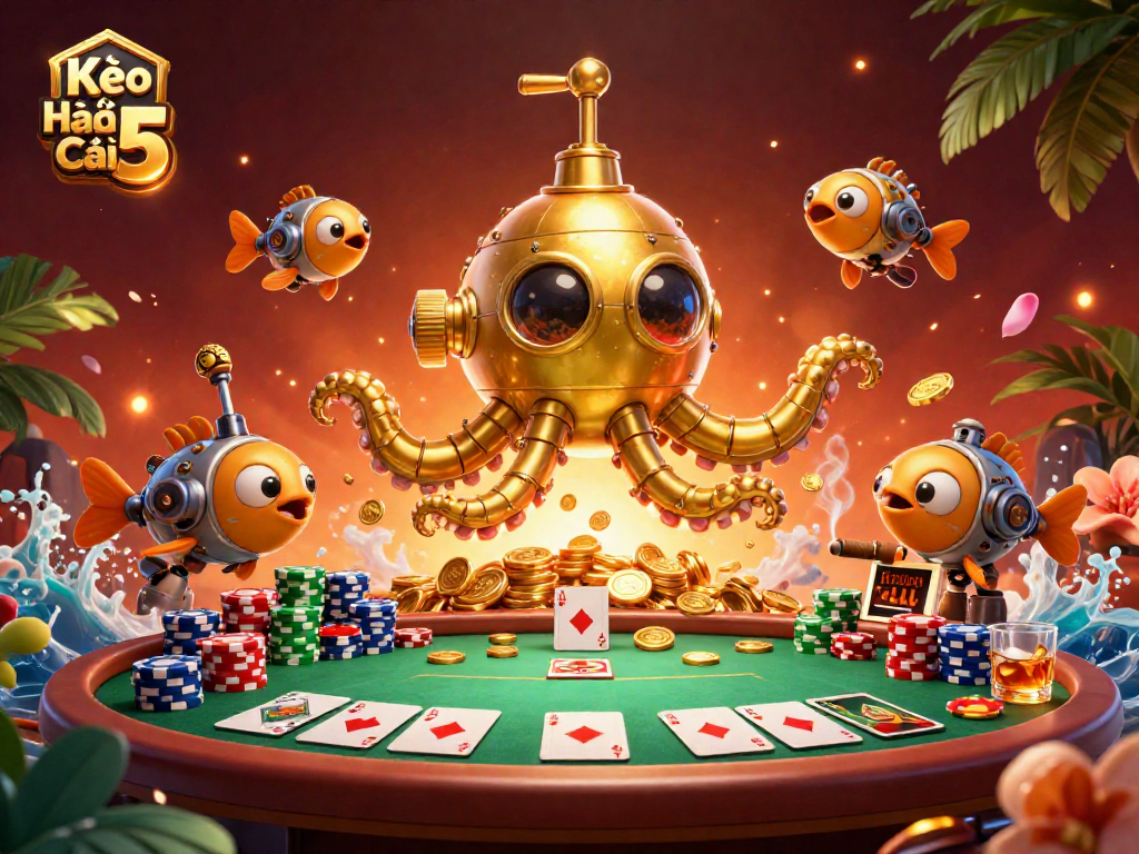 Kèo Nhà Cái 5 showcases a thrilling poker scene with a unique golden kraken submarine surrounded by colorful poker chips and cards.