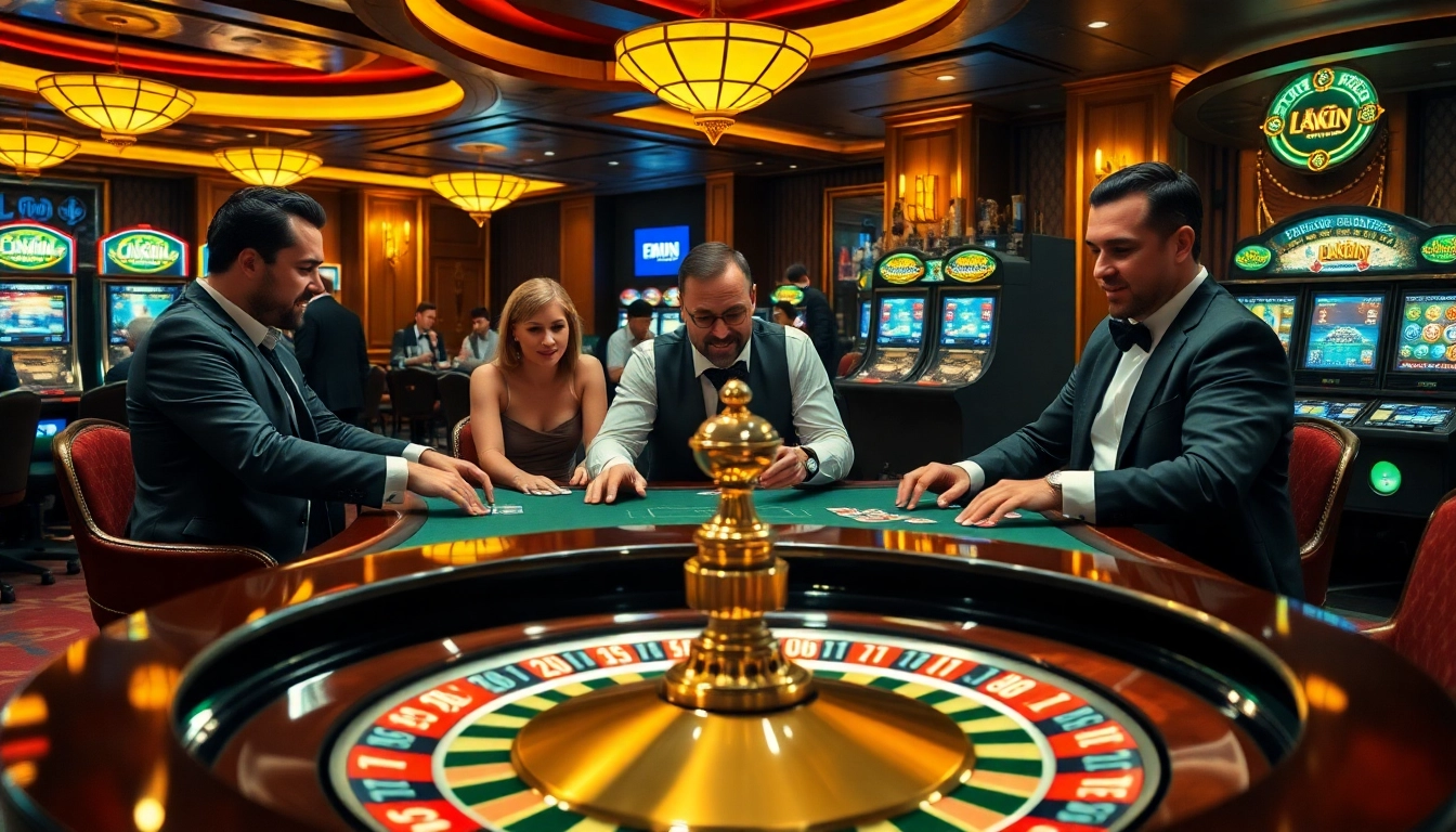 Experience the excitement of Okking at a vibrant casino with poker and roulette tables.