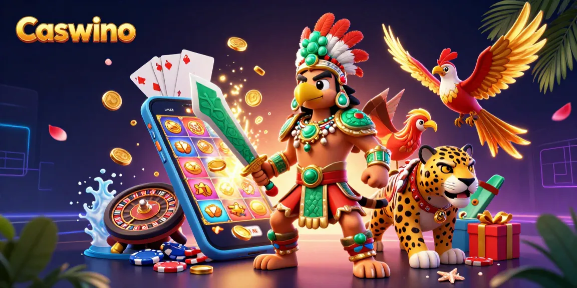 Engage with Caswino's vibrant casino adventure featuring colorful slot games and iconic Aztec warriors.