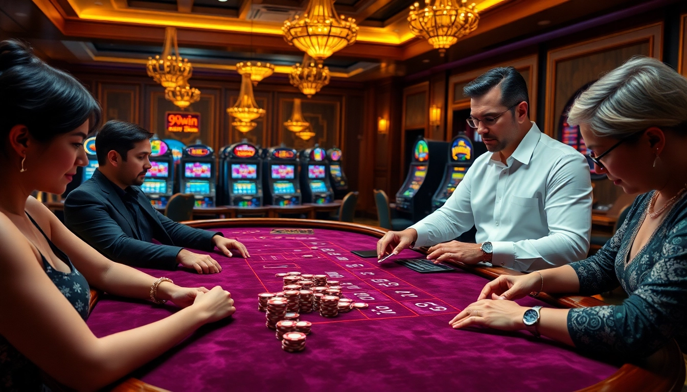 Thrilled players engage at the luxurious gaming table of 99WIN casino.