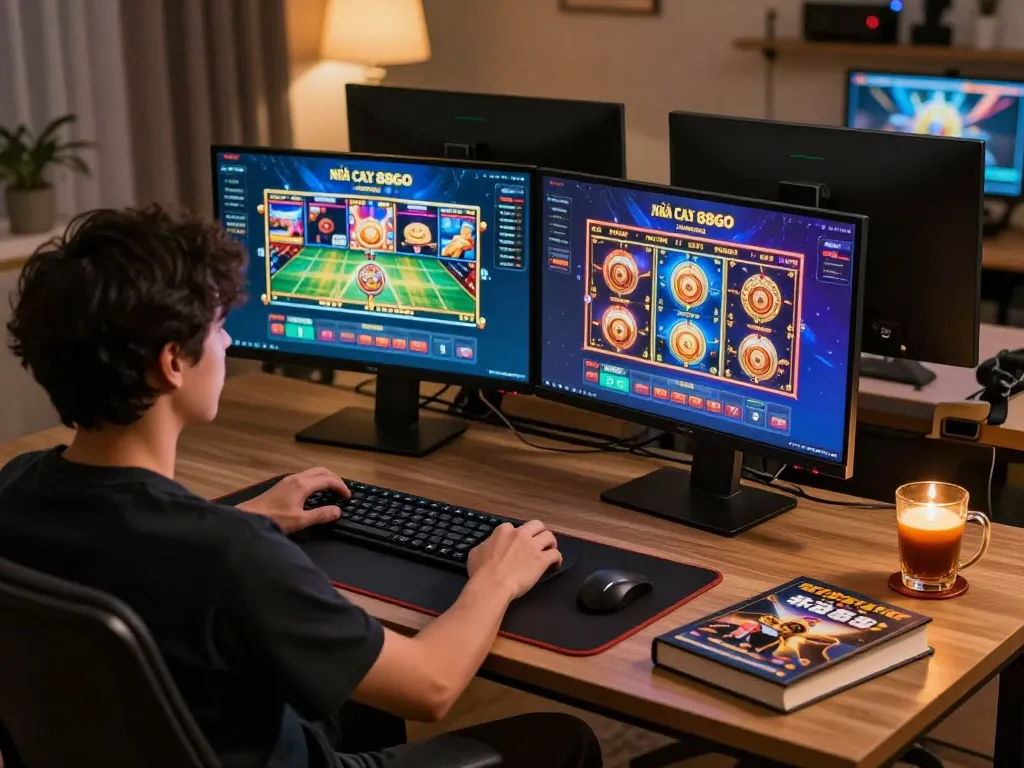 Player experiencing dynamic games at nhà cái 88GO on dual monitors, emphasizing online casino engagement.