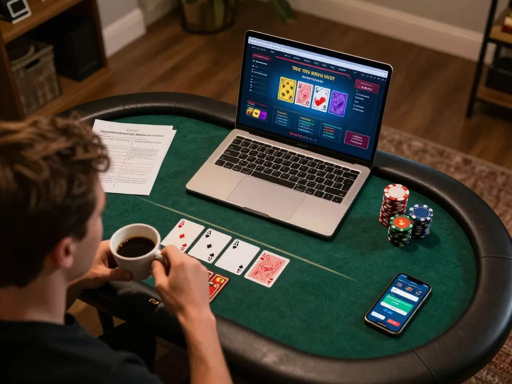 Engaged player enjoying online poker at nhà cái 88aa on a laptop, showcasing betting strategy notes.