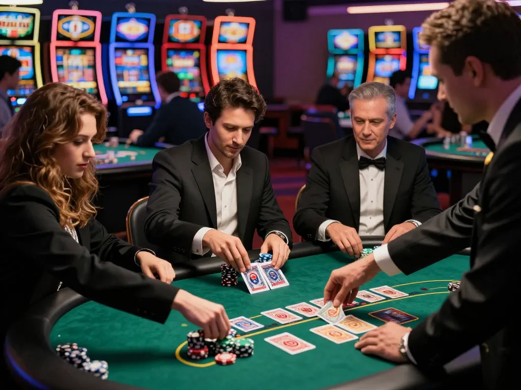 Players engaging in blackjack at a vibrant nohu casino table, focused on gameplay and strategy