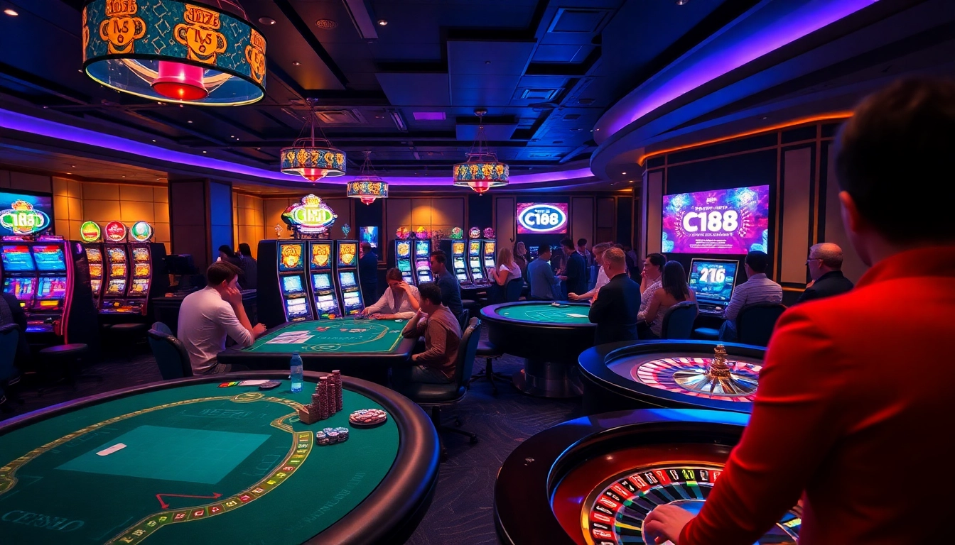 C168 players engaged in thrilling casino games at luxurious tables, enjoying an exciting atmosphere.