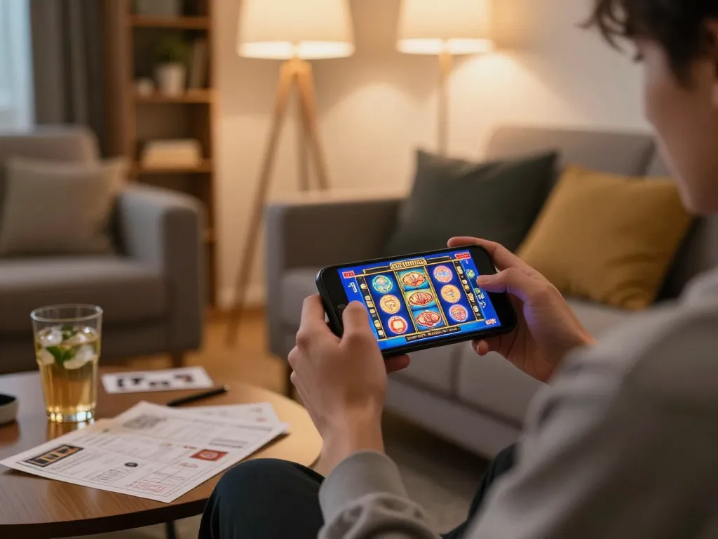 Playing slot online on a smartphone in a cozy living room, showcasing responsible gambling atmosphere.