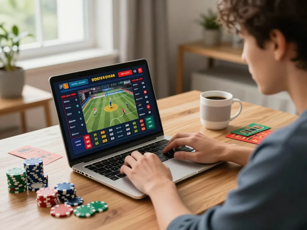 Active sports betting moment at XX88 with player analyzing odds on laptop.