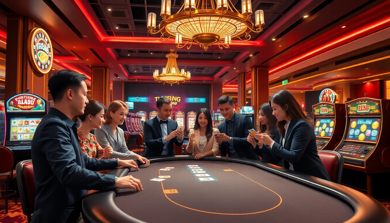 Experience the thrill of Nhà cái casino dr88 with engaging players around a luxurious poker table in a vibrant casino.