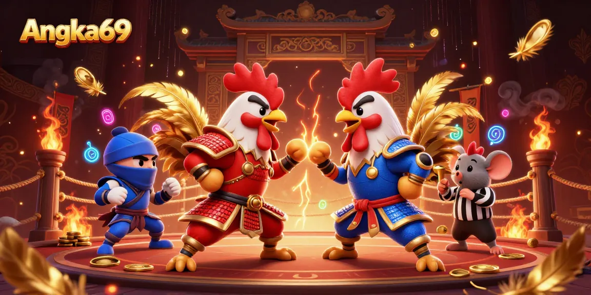 Engage with Angka69 at a thrilling gambling showdown featuring fighting roosters in vibrant casino atmosphere.