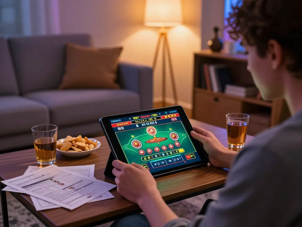 Engaging gaming moment on 388bet with a person placing bets on a tablet in a cozy living room.