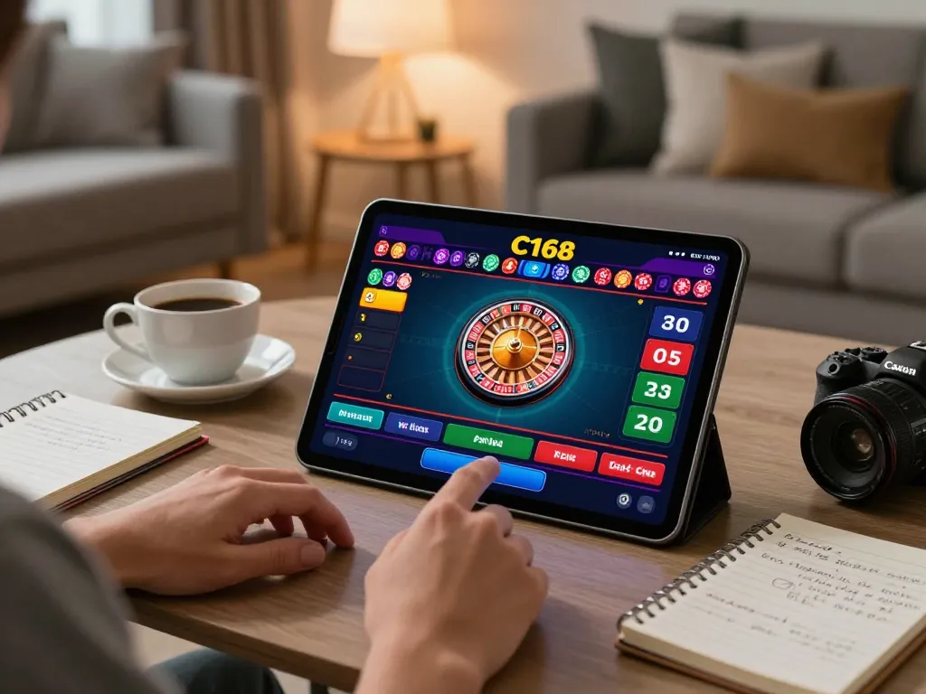 Playing roulette on the C168 Casino app in a cozy home setting with strategy notes.
