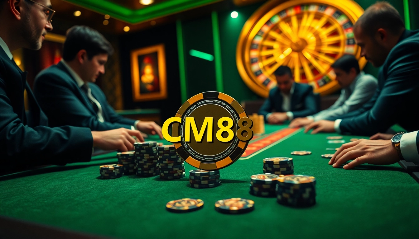Casual gamblers enjoying a high-stakes game at a luxurious casino table featuring CM88 poker chips prominently displayed.