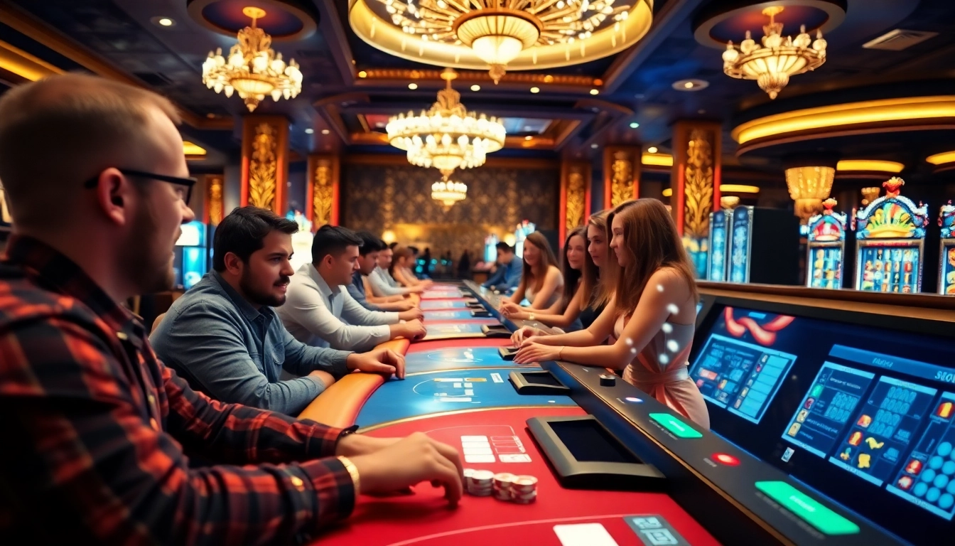 Online casino spielen in einer lebhaften Casino-Umgebung mit Spielern an verschiedenen Tischen.