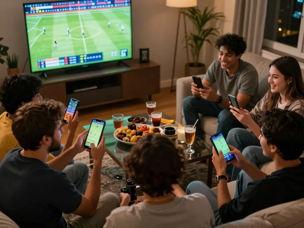 Cakhia sports betting scene at home with friends analyzing live odds and game stats.
