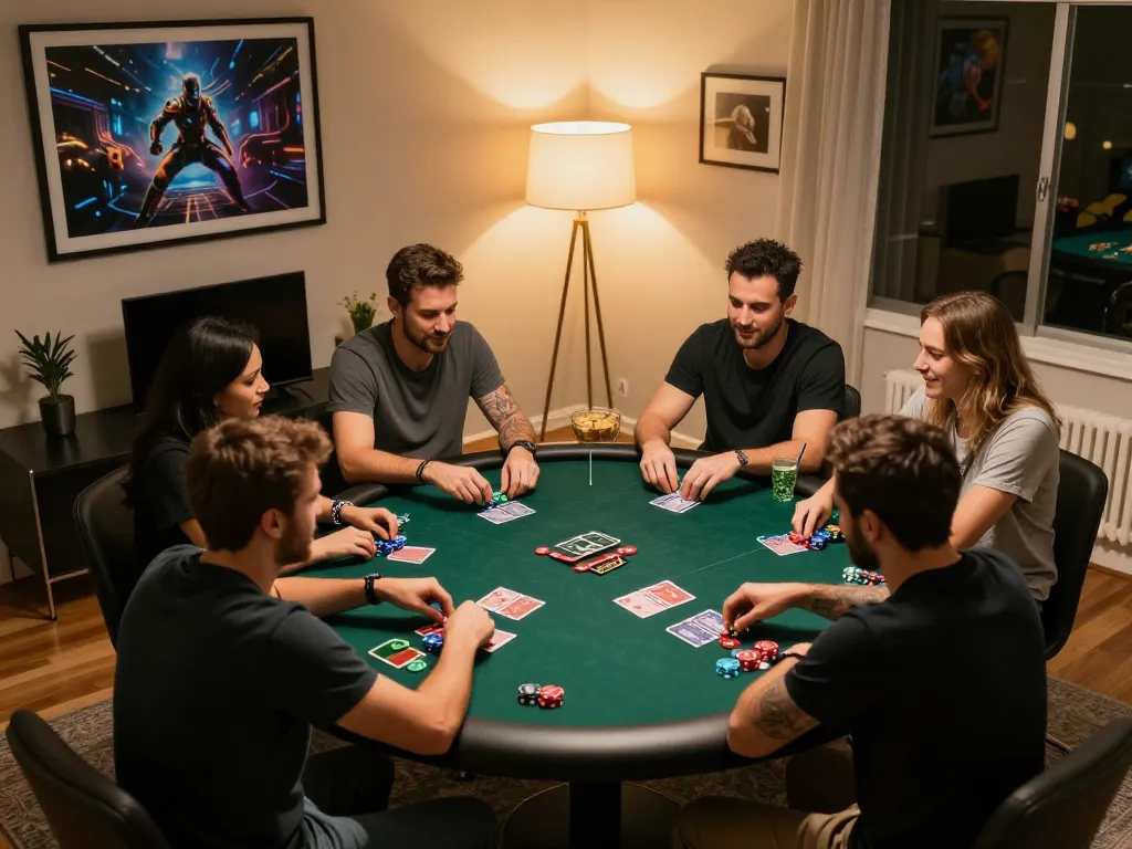 Players enjoying a lively poker night at home, embodying the thrill of say88 gaming.