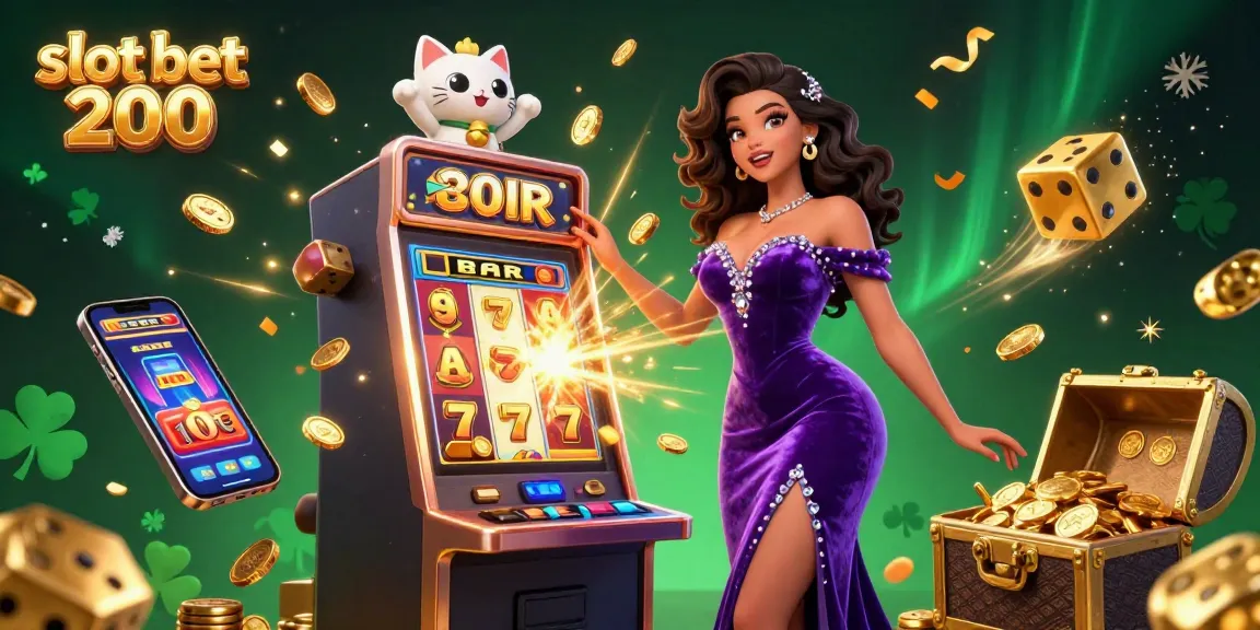 Play slot bet 200 with excitement as a glamorous woman celebrates a jackpot alongside a waving fortune cat.