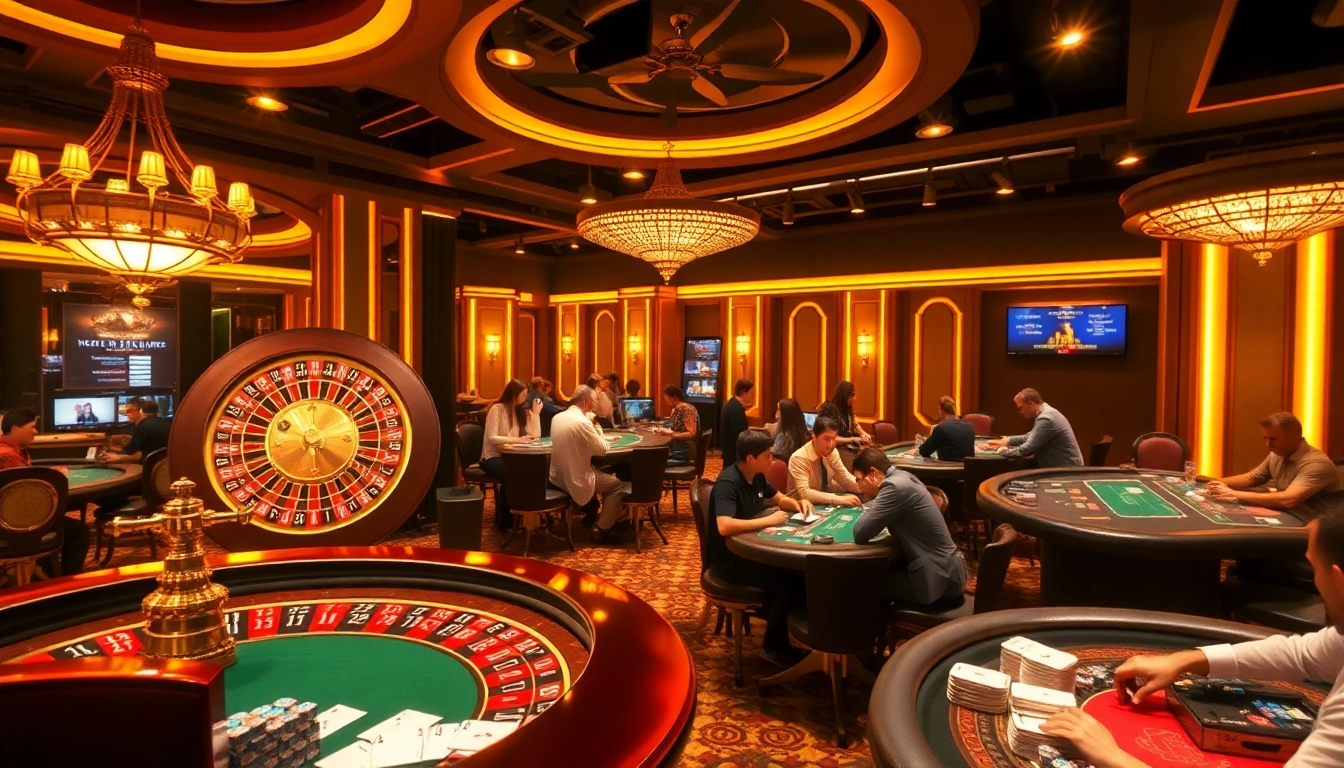 Rasakan permainan dengan taruh tinggi di 33win68 dengan pemandangan kasino yang hidup yang menampilkan roulette dan poker.